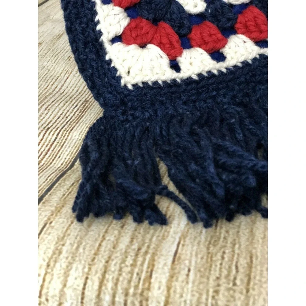 Vtg‎ Handmade Crochet Purse Granny Square Fringe Red White Blue Boho America 250
